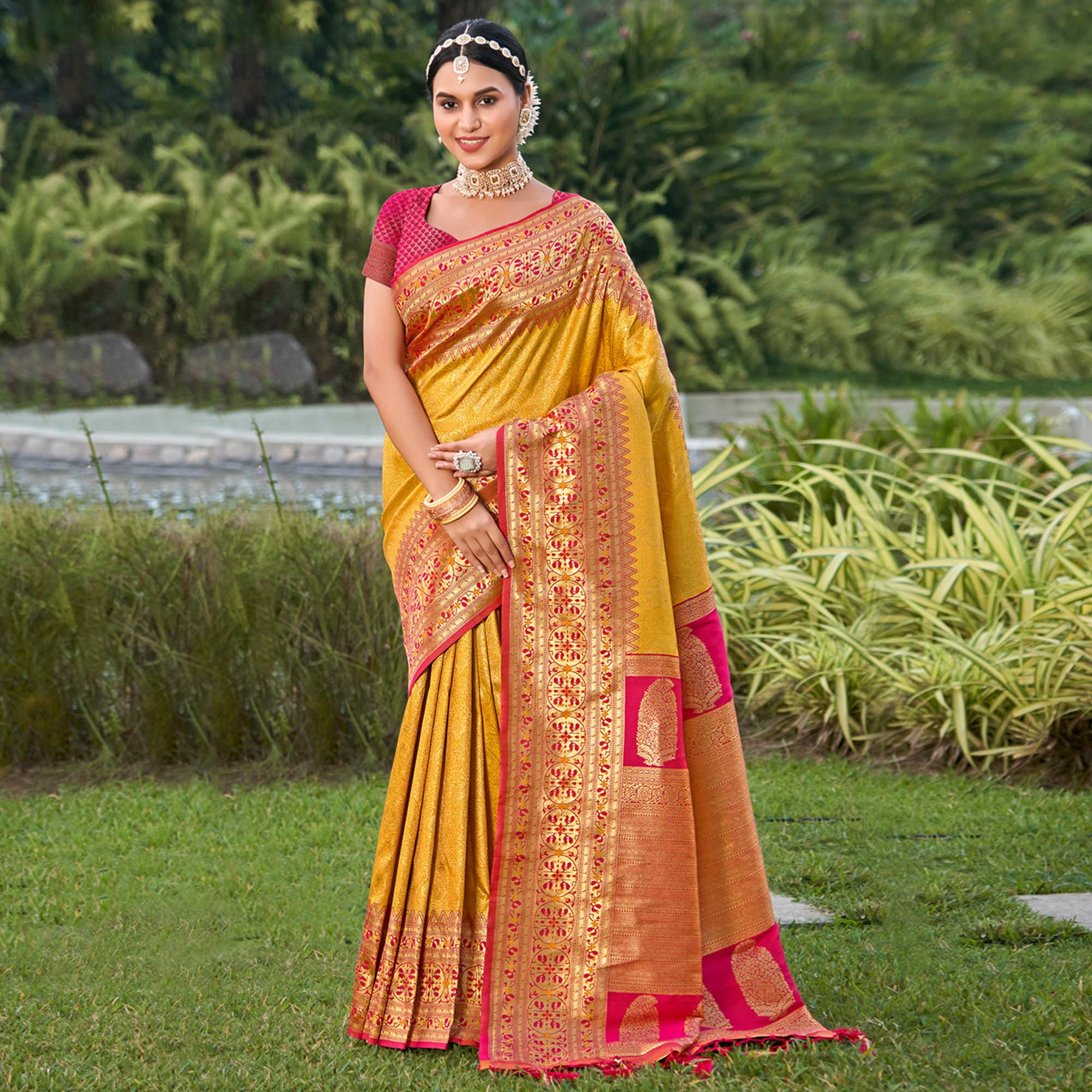 Mustard Woven Kanjivaram Silk Saree With Tassels