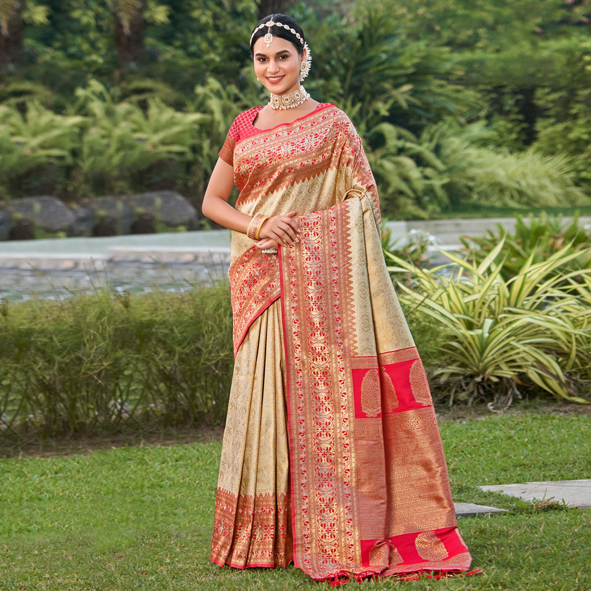 Cream Woven Kanjivaram Silk Saree With Tassels