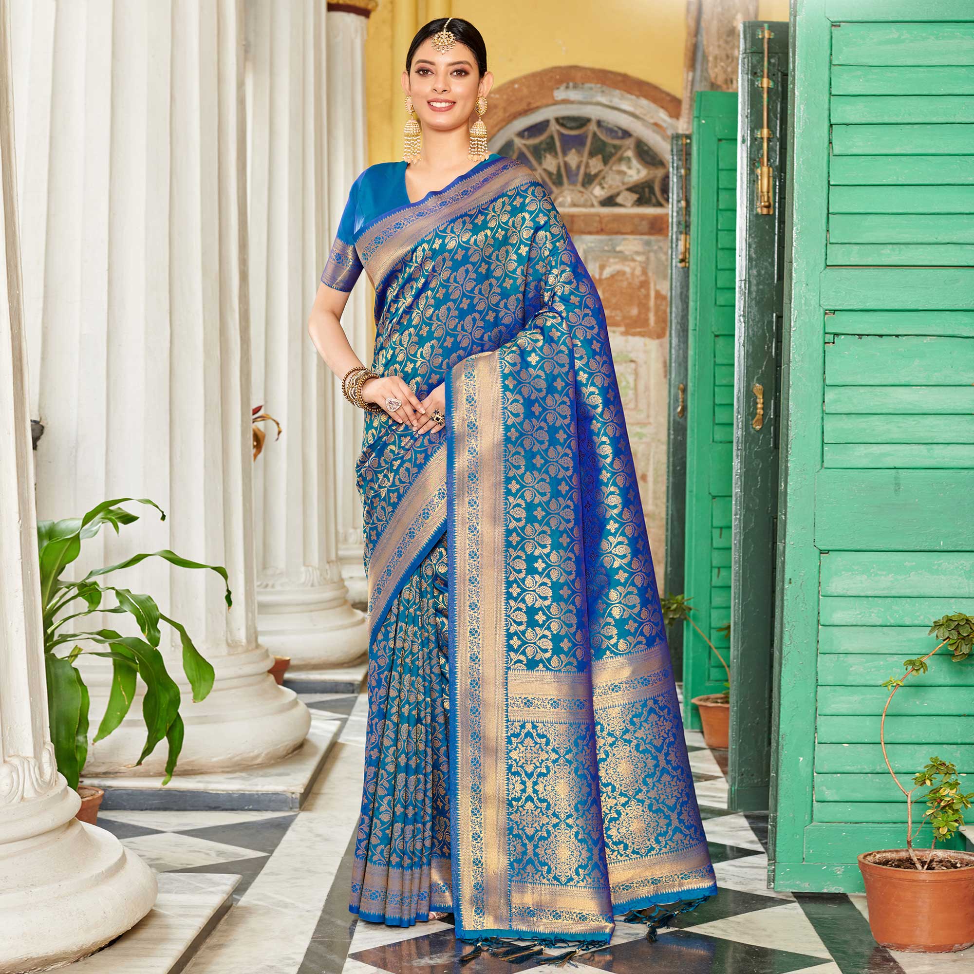 Blue Floral Woven Banarasi Silk Saree With Tassels