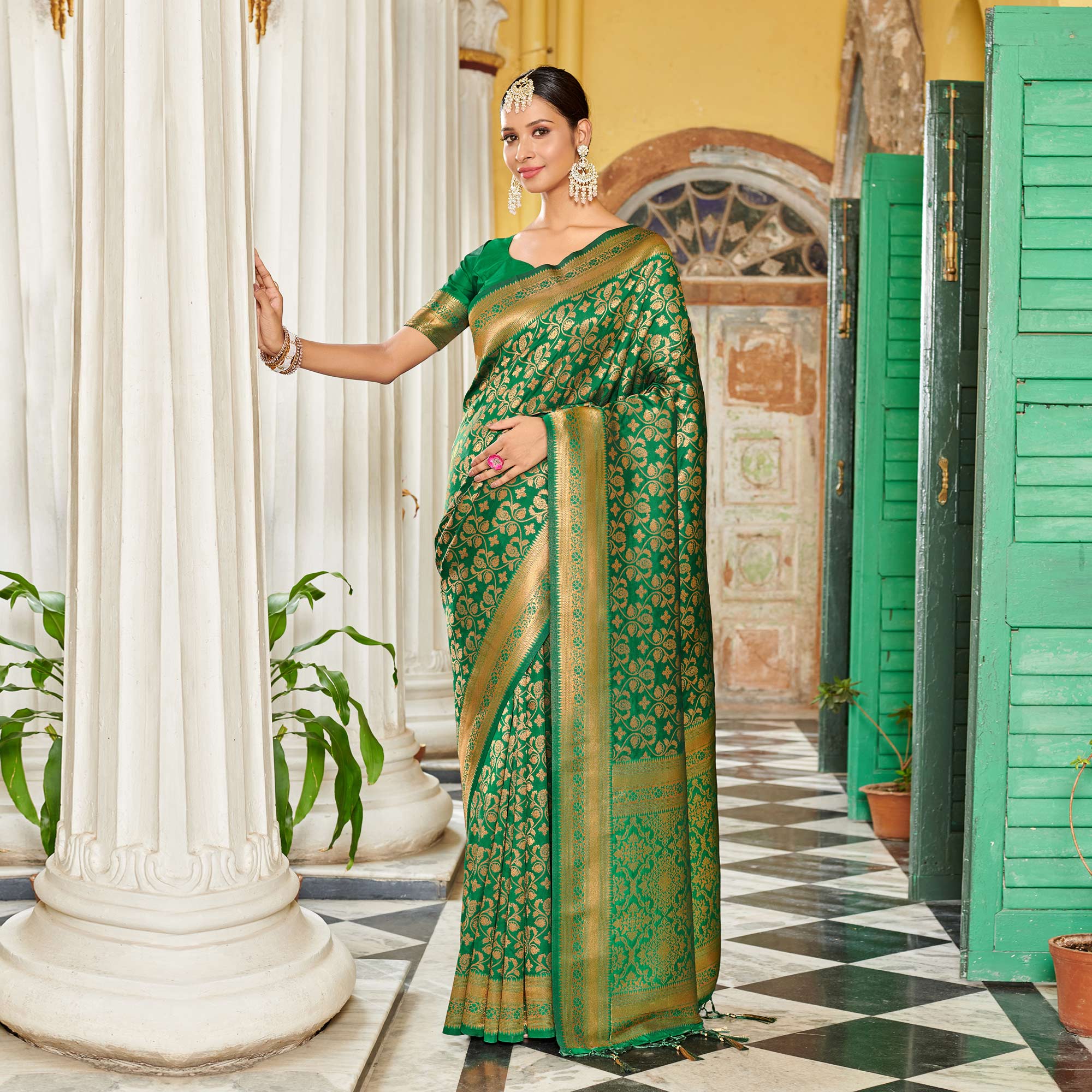 Green Floral Woven Banarasi Silk Saree With Tassels