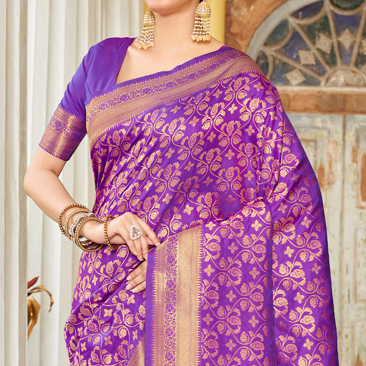 Purple Floral Woven Banarasi Silk Saree With Tassels