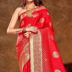 Red Floral Woven Banarasi Silk Saree With Tassels