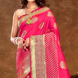 Pink Floral Woven Banarasi Silk Saree With Tassels