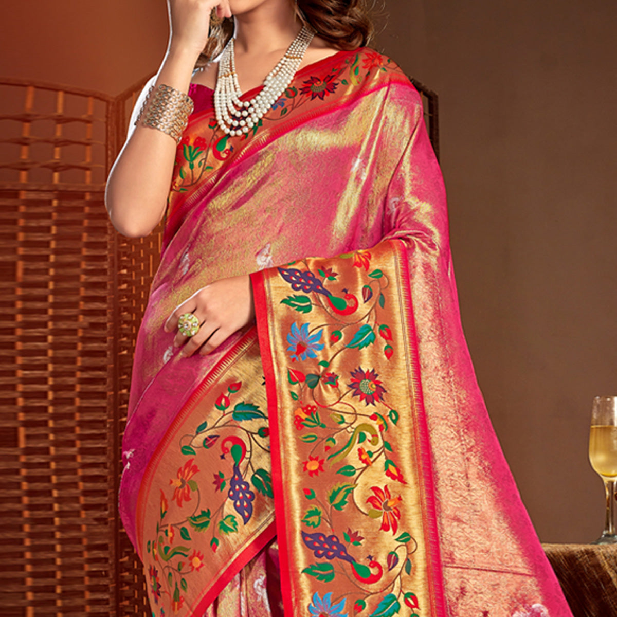 Pink Woven Raw Silk Paithani Saree With Tassels