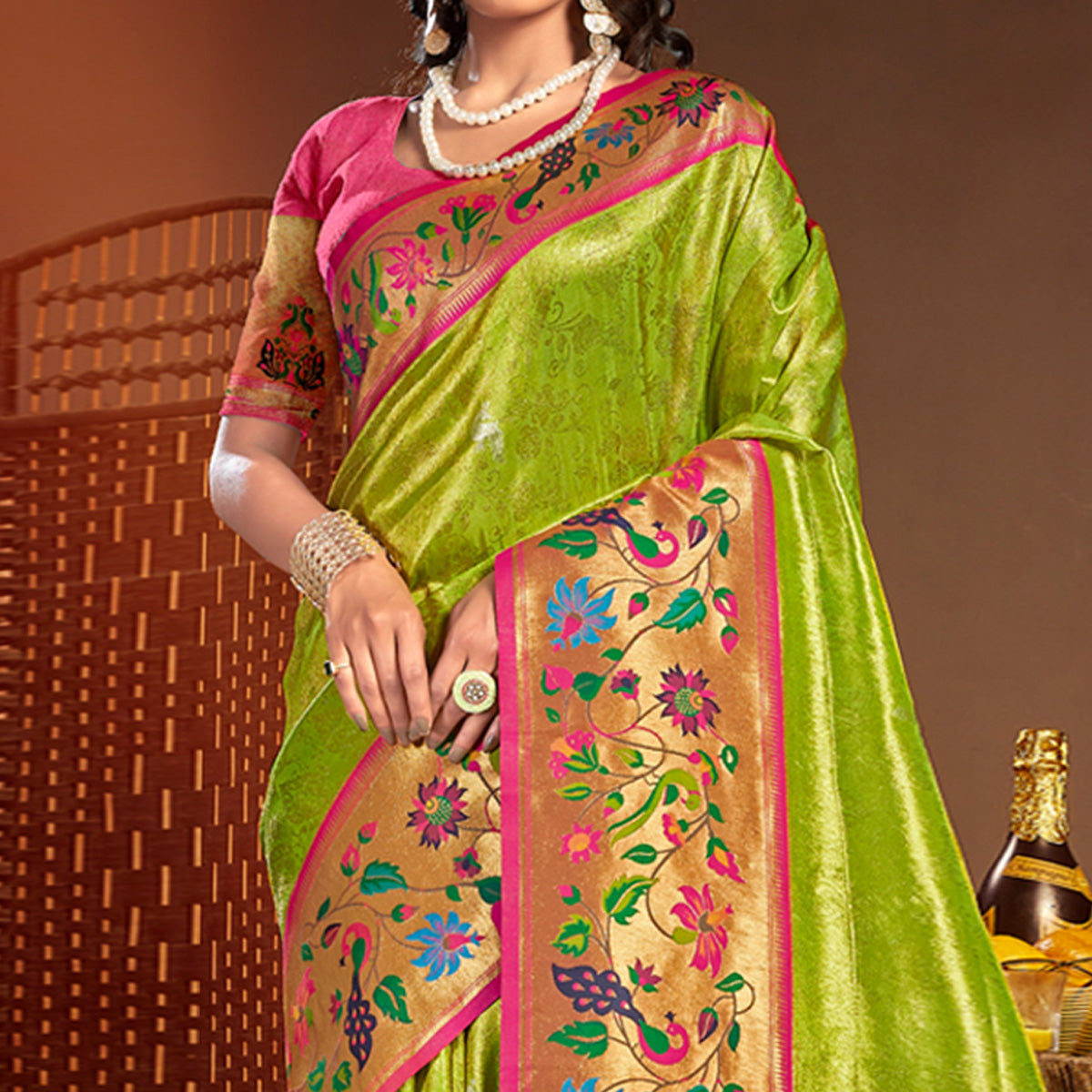 Green Woven Raw Silk Paithani Saree With Tassels