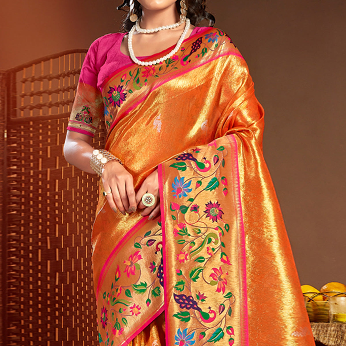 Orange Woven Raw Silk Paithani Saree With Tassels