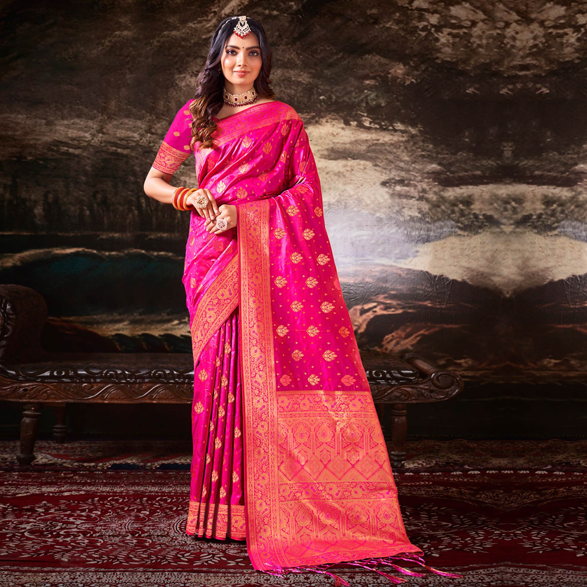 Pink Floral Woven Banarasi Silk Saree With Tassels