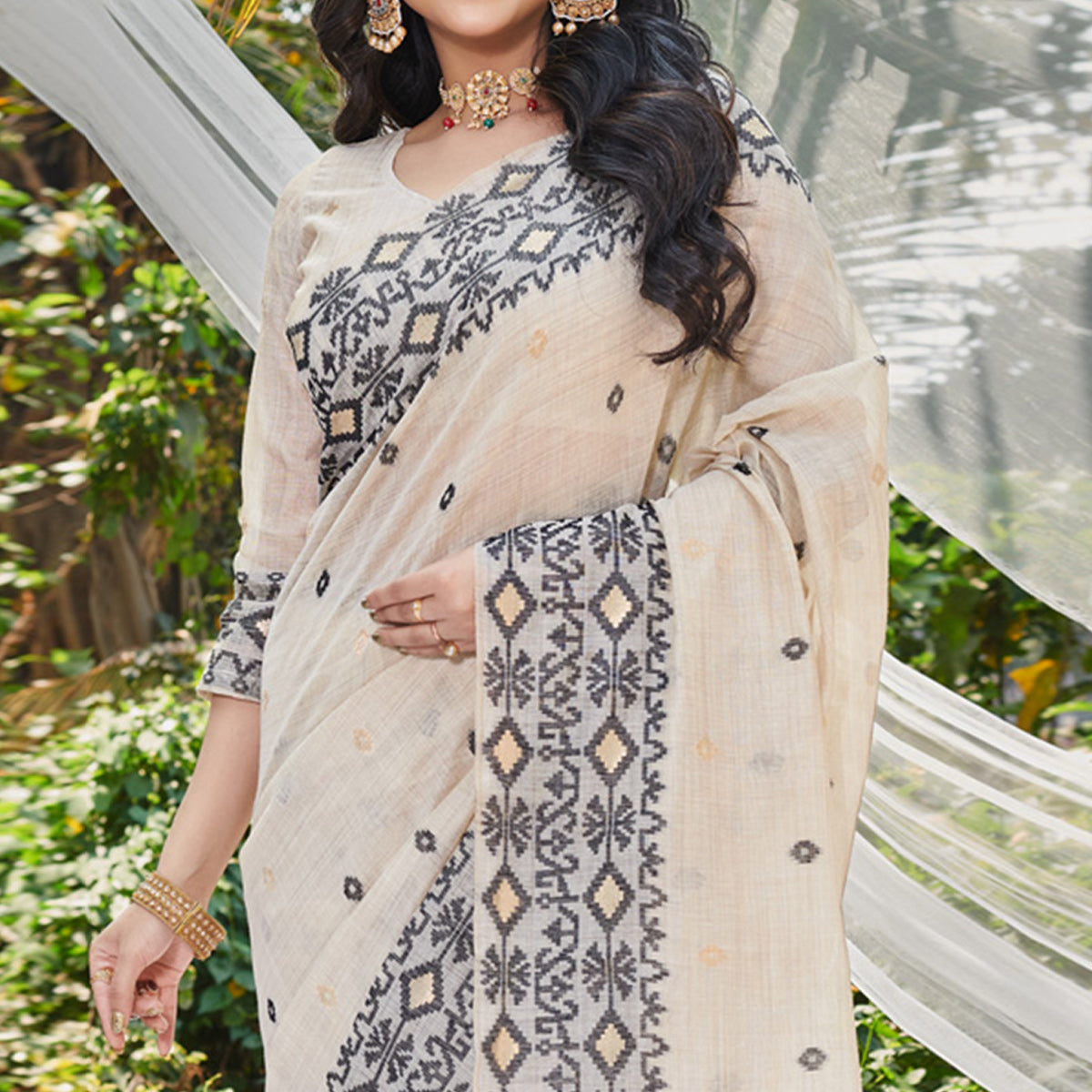 Off White & Black Woven Cotton Silk Saree With Tassels