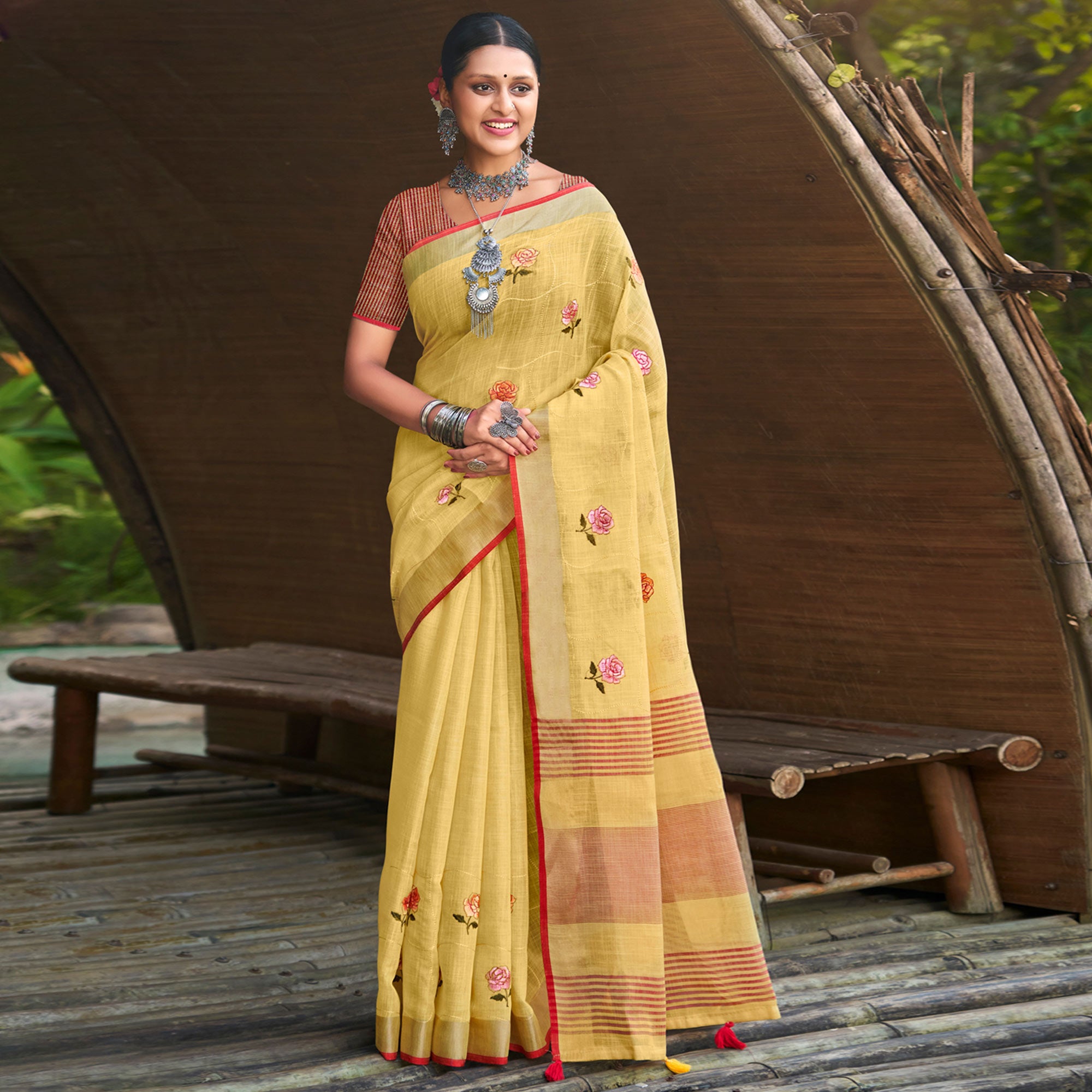 Yellow Floral Embroidered Linen Saree With Tassels