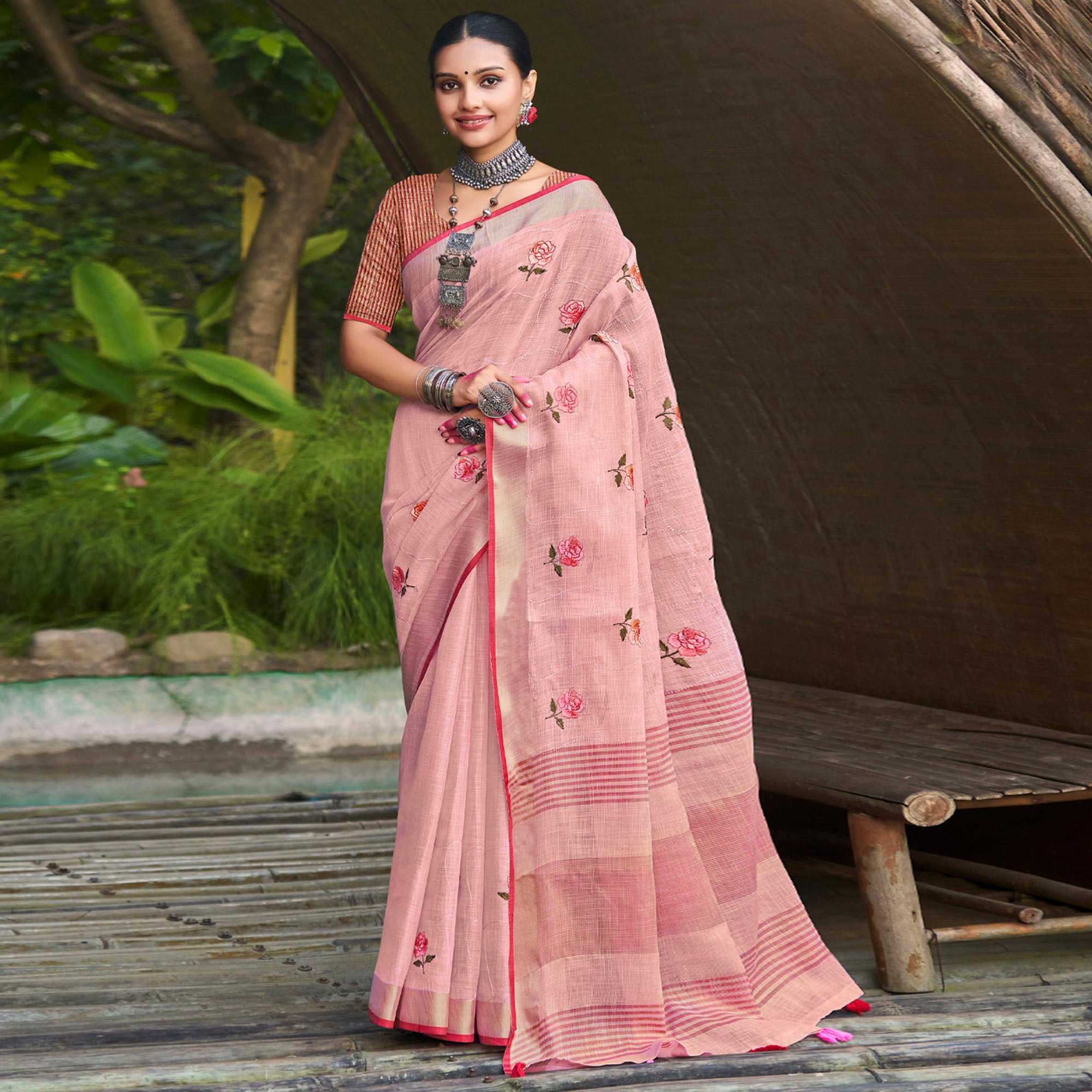 Pink Floral Embroidered Linen Saree With Tassels