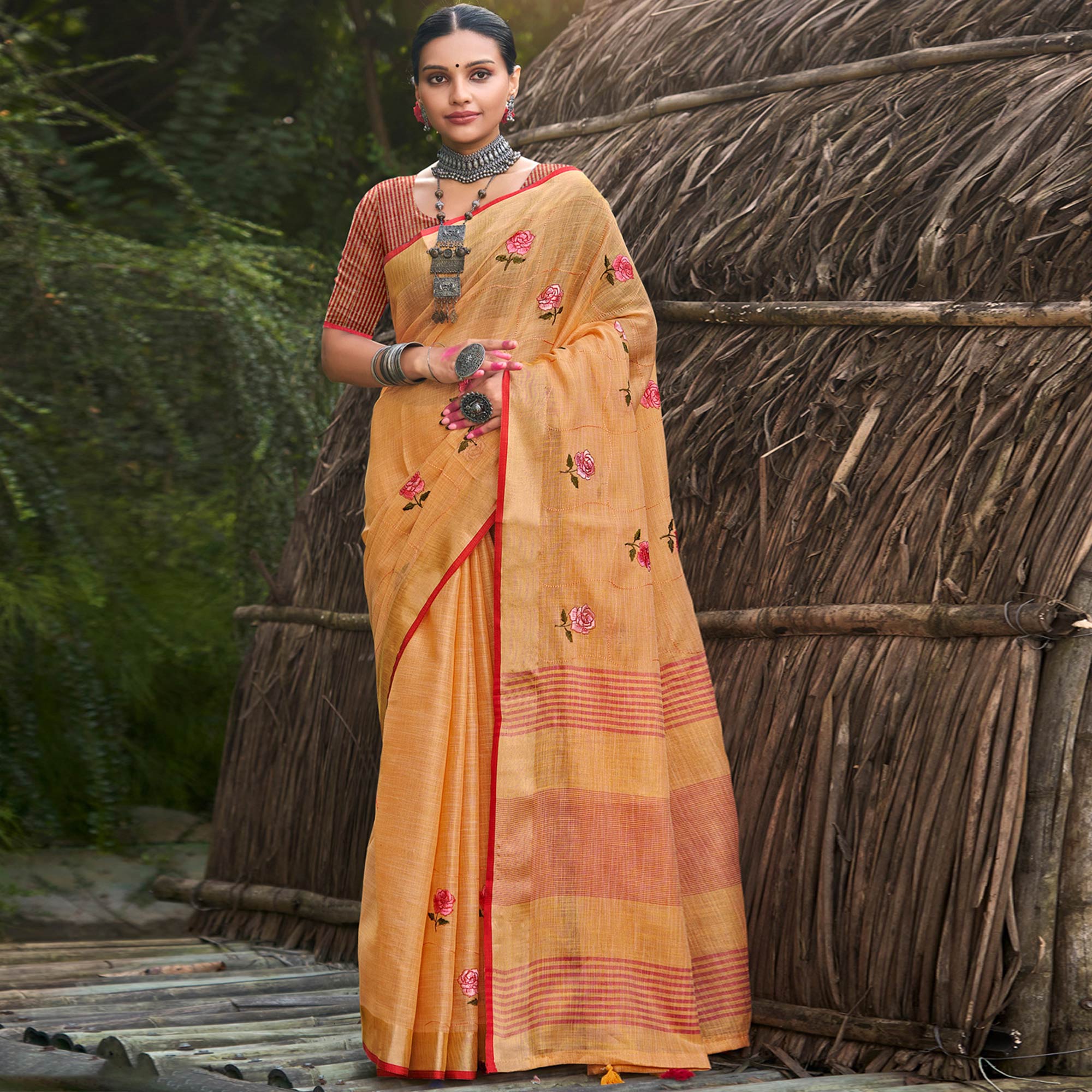 Orange Floral Embroidered Linen Saree With Tassels