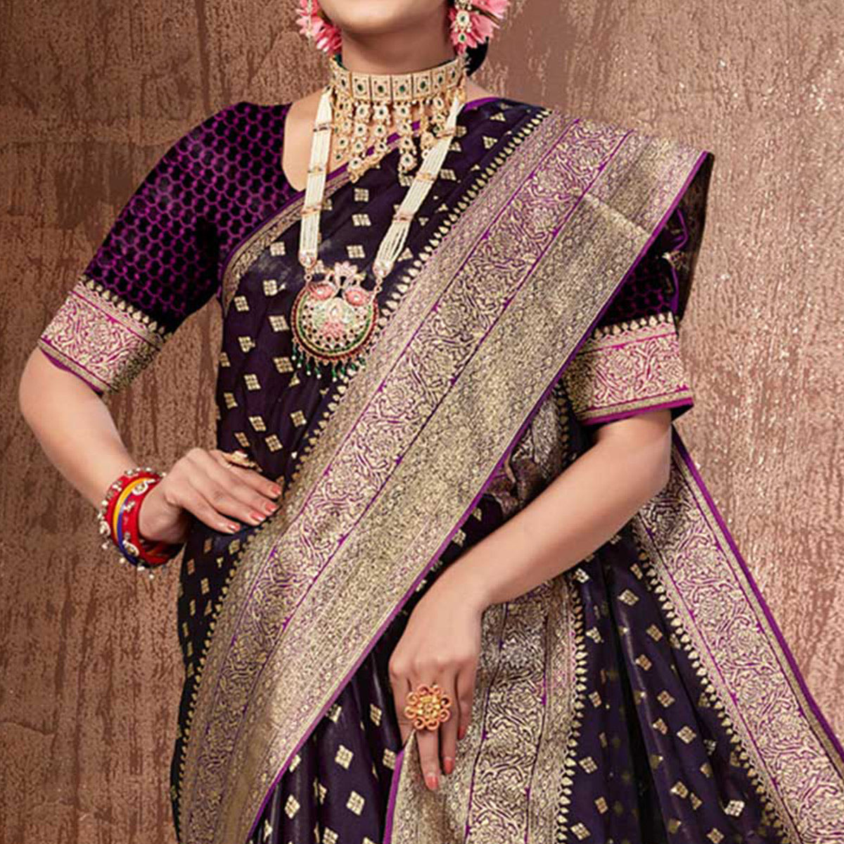 Wine Woven Banarasi Silk Saree With Tassels