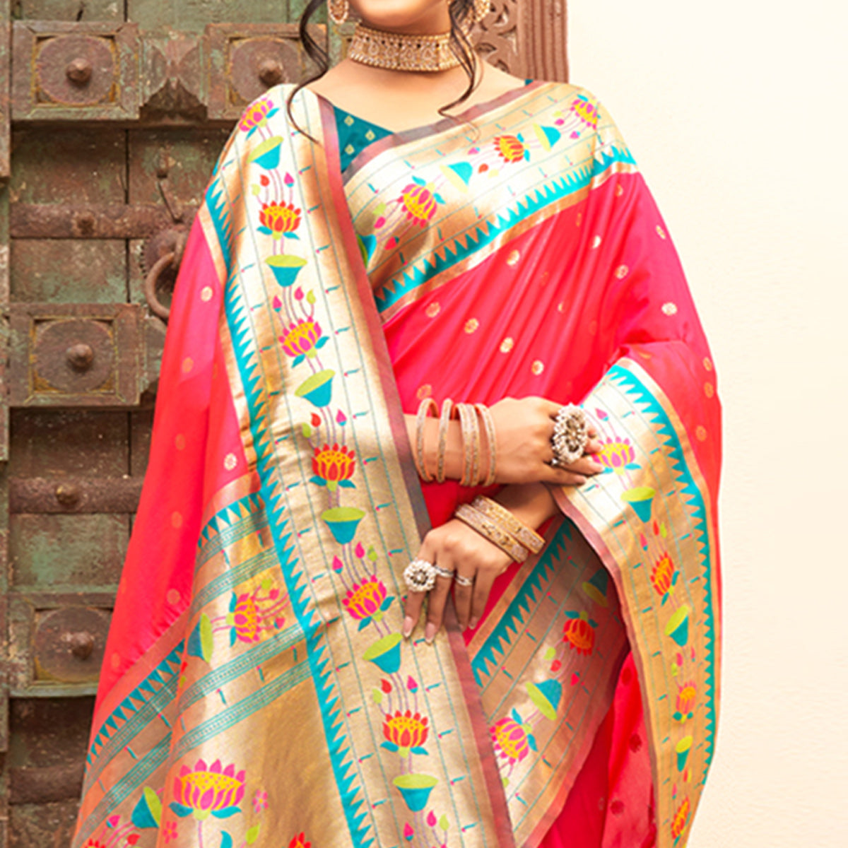 Pink Floral Woven Banarasi Silk Saree With Tassels