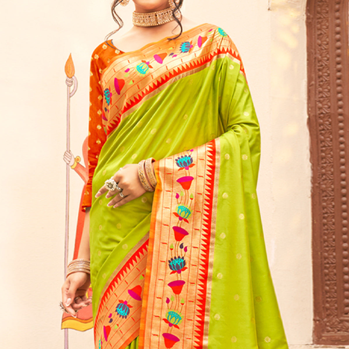 Green Floral Woven Banarasi Silk Saree With Tassels