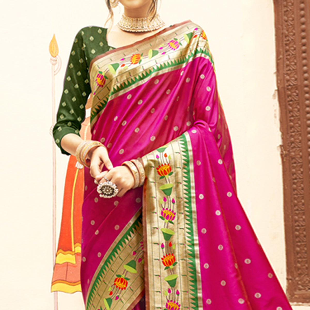 Rani Pink Floral Woven Banarasi Silk Saree With Tassels