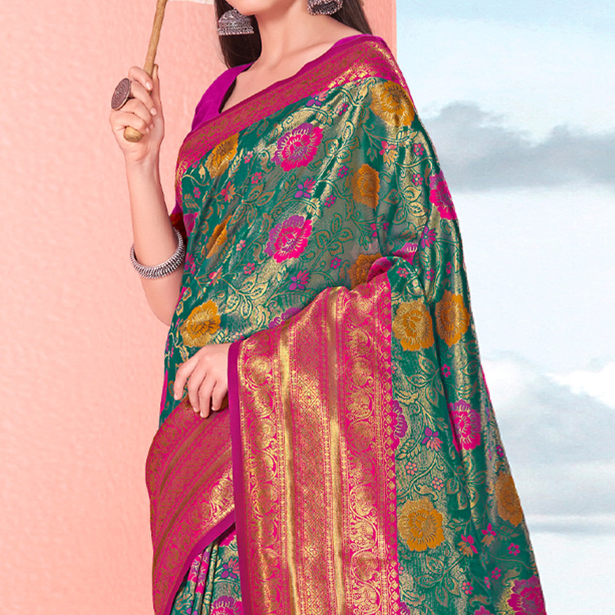 Rama Green Floral Woven Kanjivaram Silk Saree