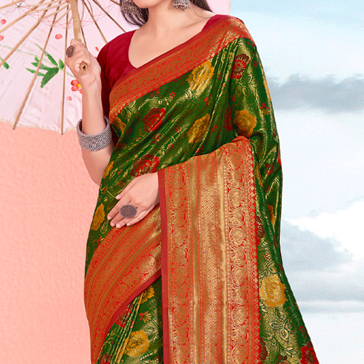 Green Floral Woven Kanjivaram Silk Saree