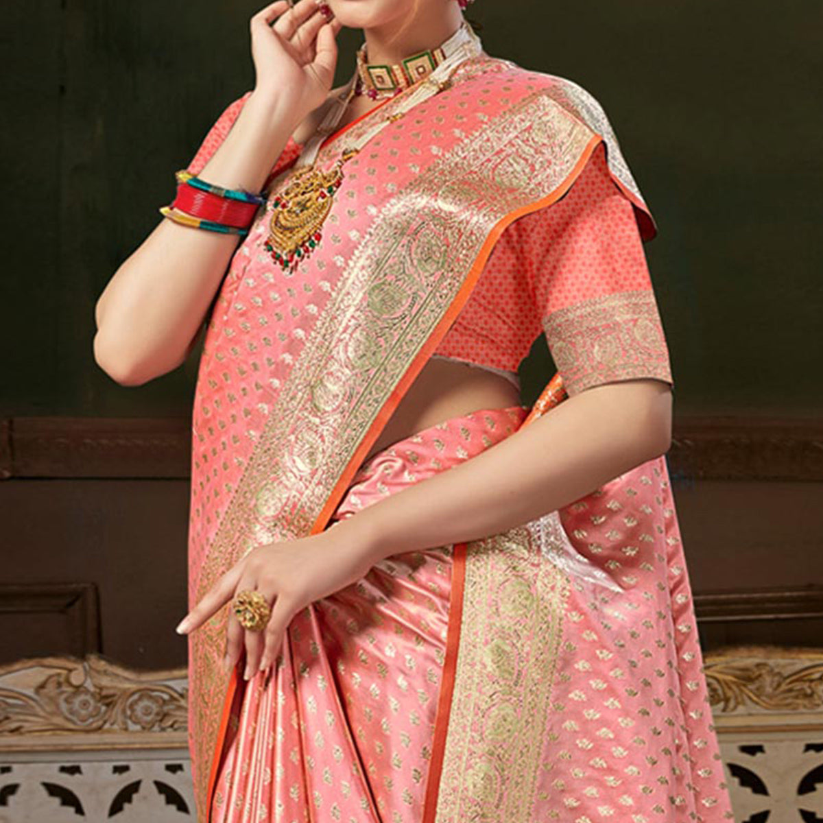 Peach Woven Banarasi Silk Saree With Tassels