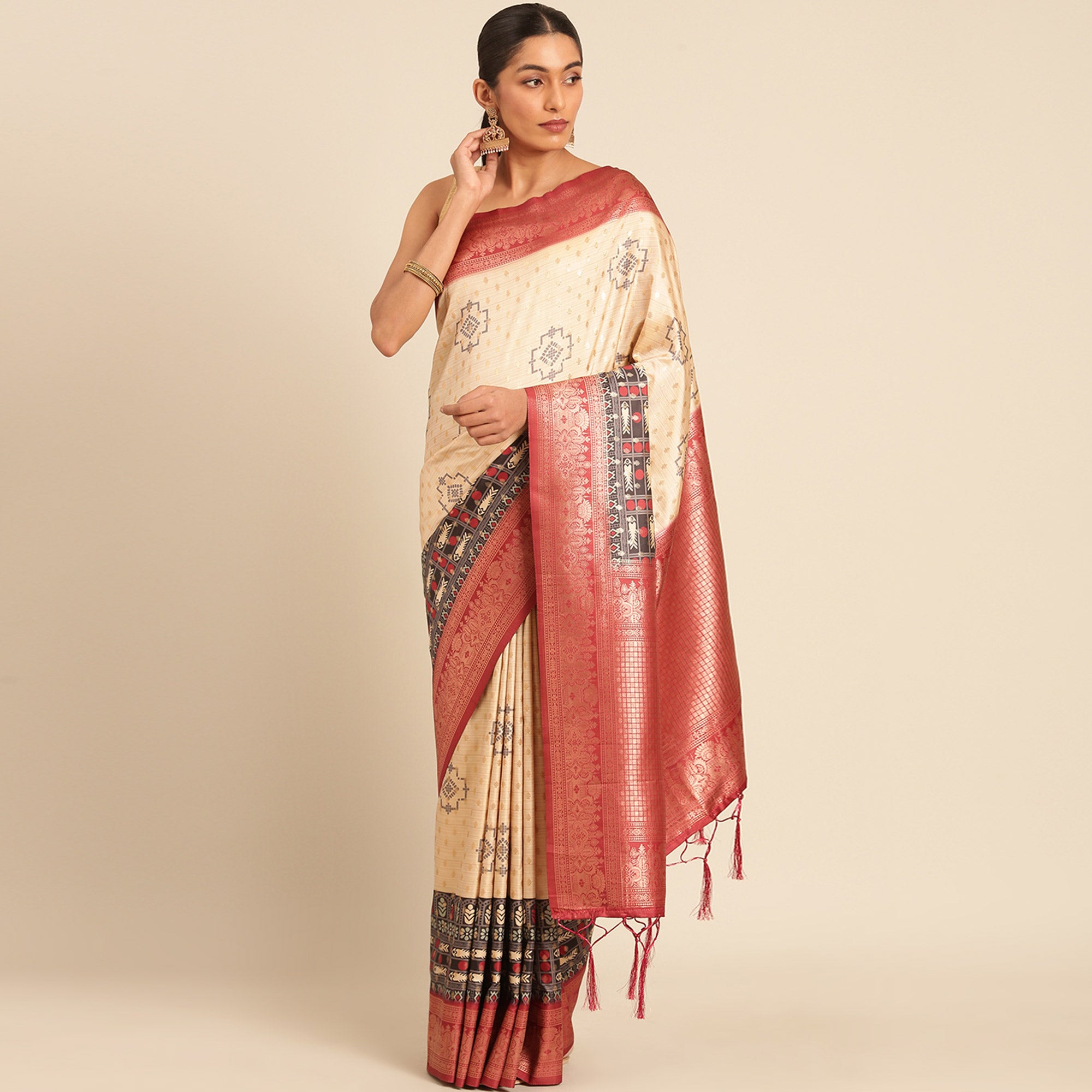 Cream Woven Banarasi Silk Saree With Tassels