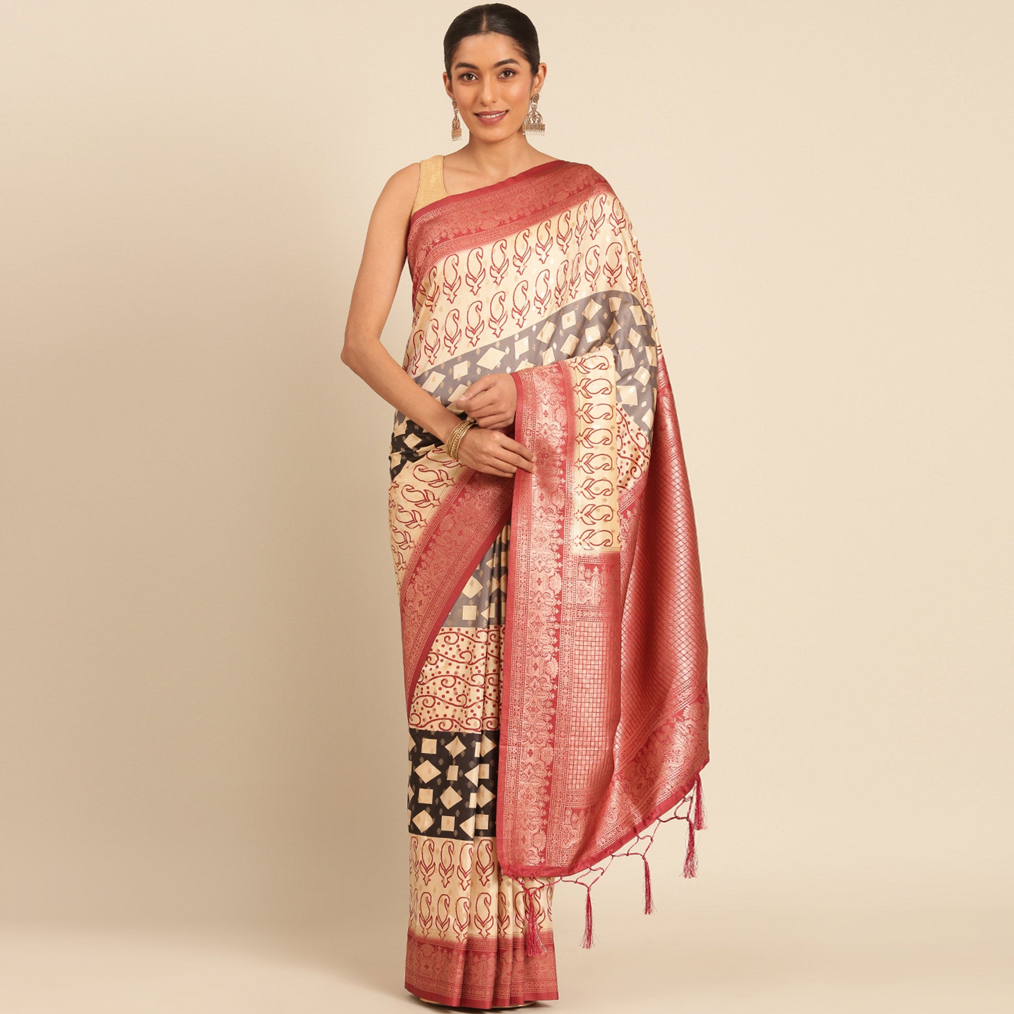 Cream Woven Banarasi Silk Saree With Tassels