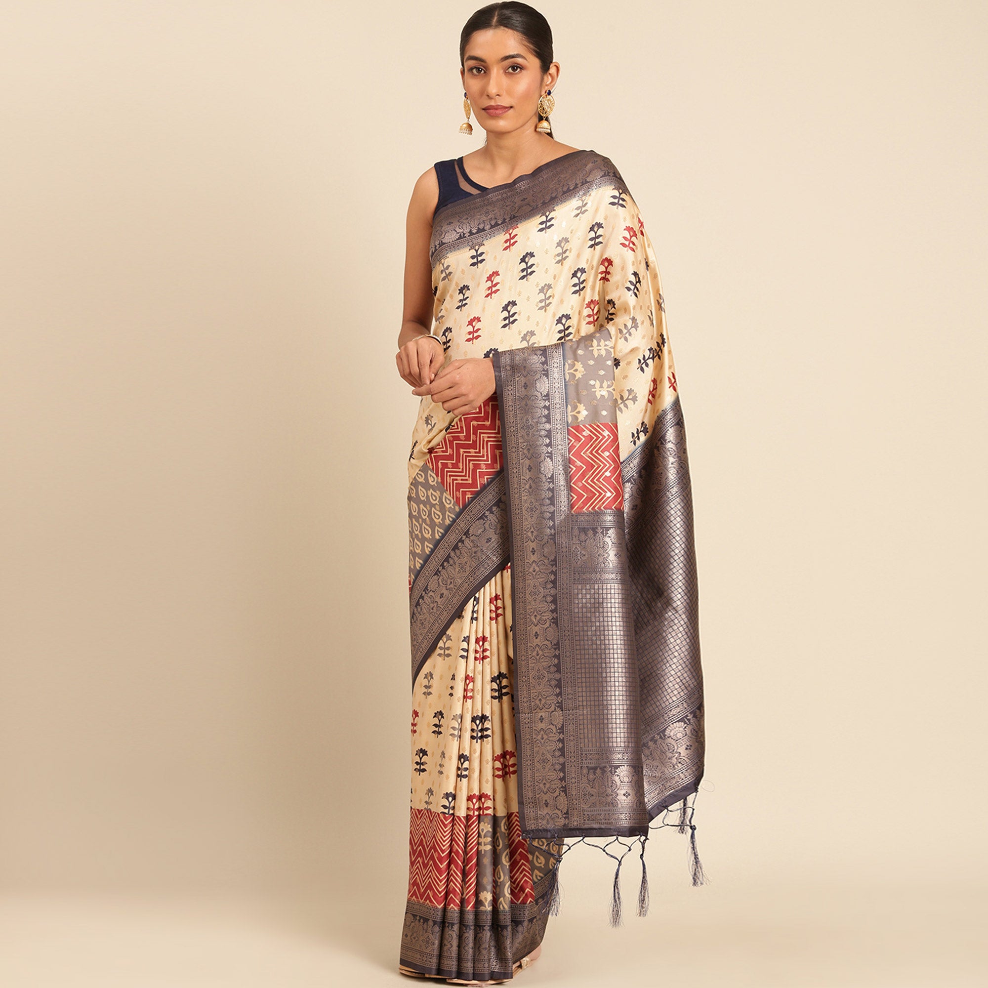 Cream Woven Banarasi Silk Saree With Tassels