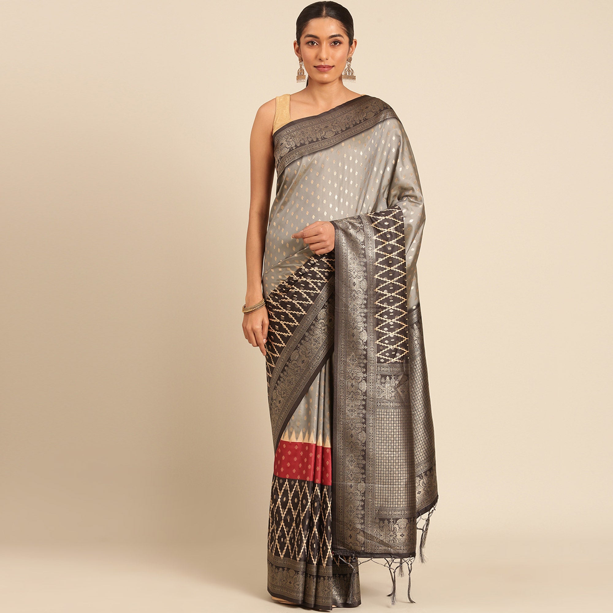 Grey Woven Banarasi Silk Saree With Tassels