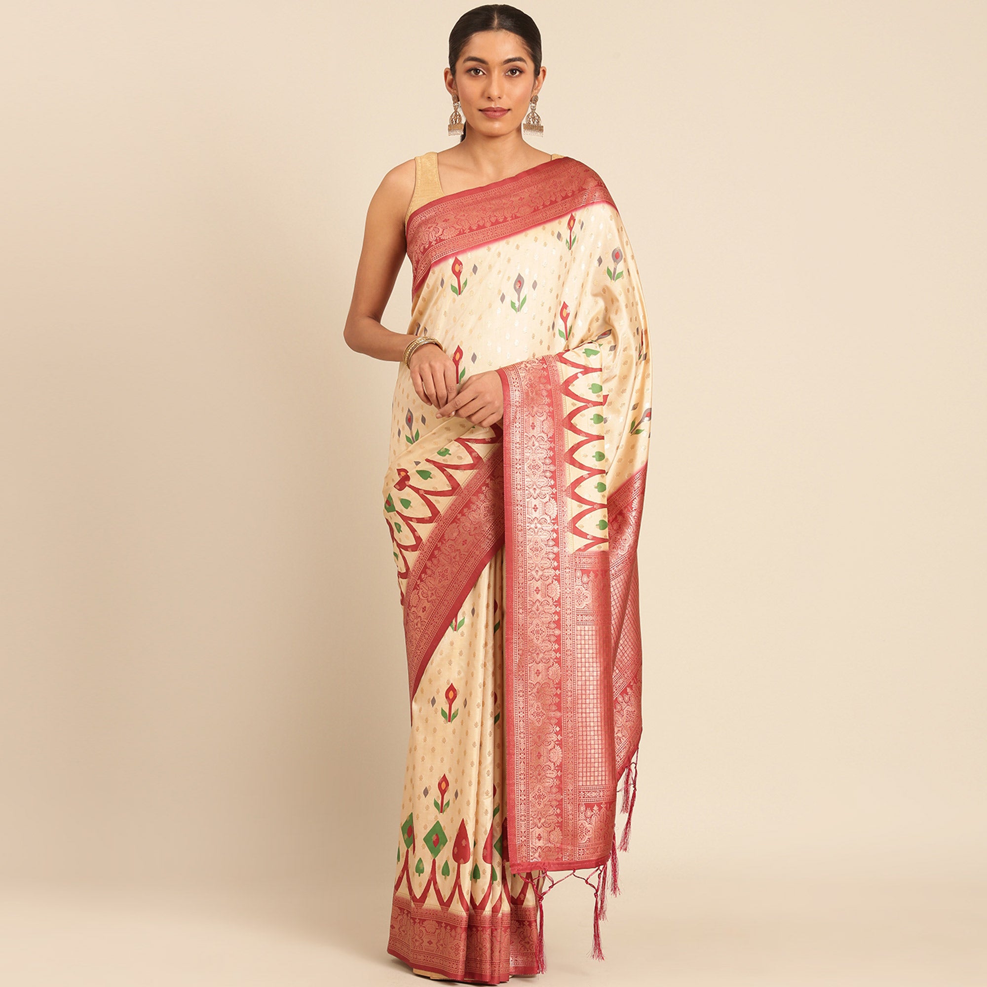 Cream Woven Banarasi Silk Saree With Tassels