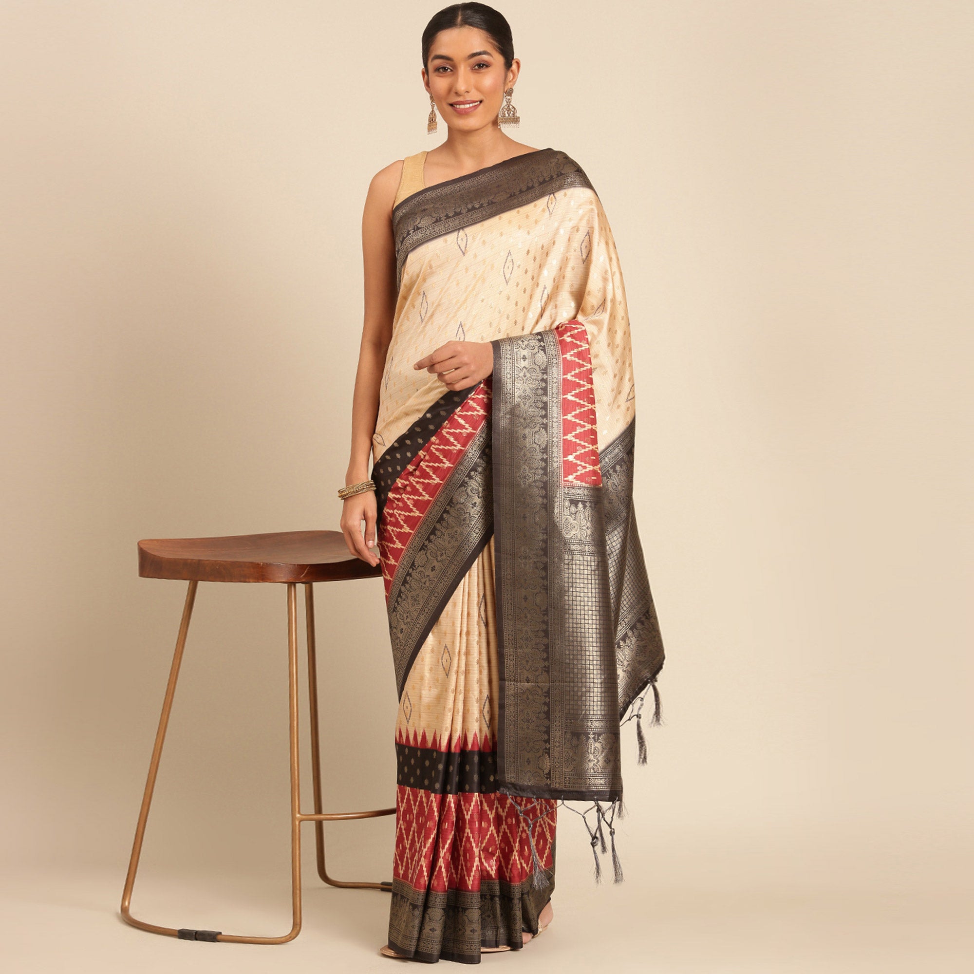 Cream Woven Banarasi Silk Saree With Tassels