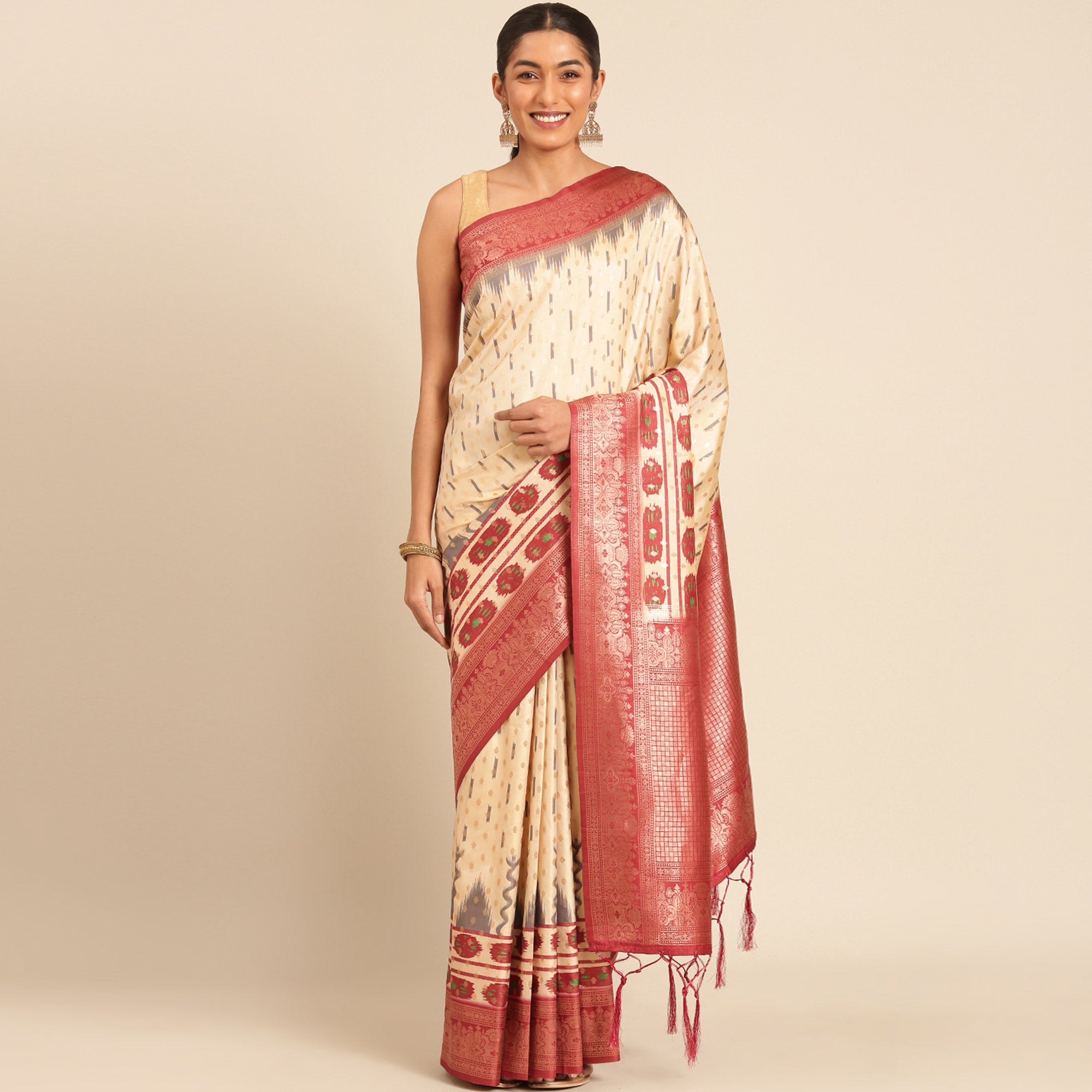 Cream Woven Banarasi Silk Saree With Tassels