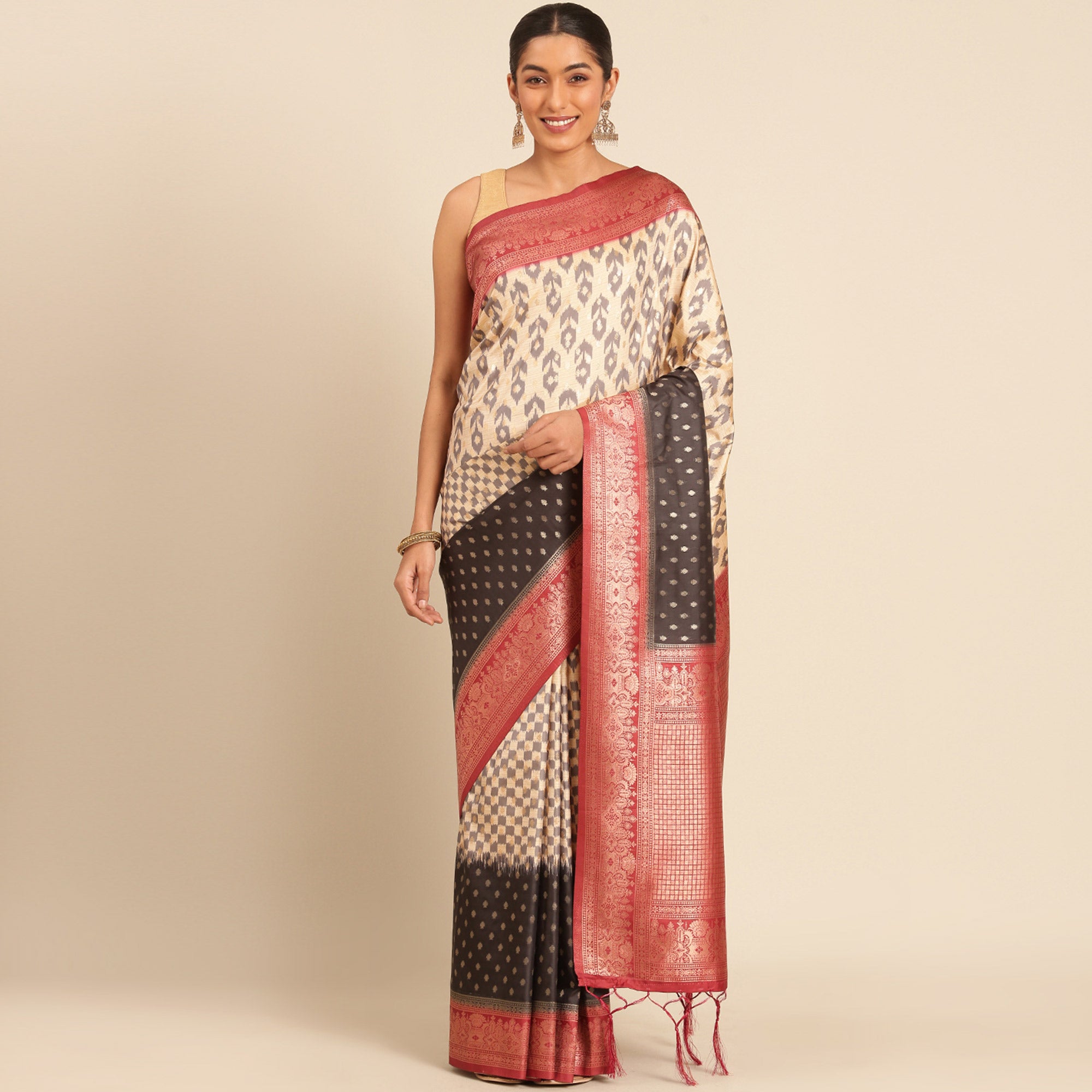 Cream Woven Banarasi Silk Saree With Tassels