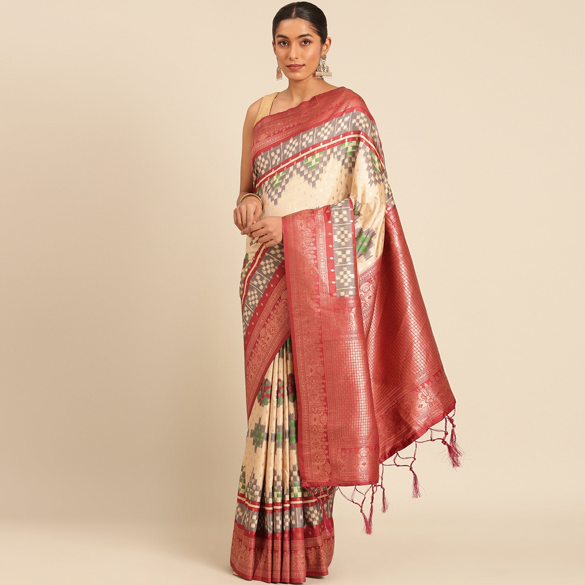 Cream Woven Banarasi Silk Saree With Tassels