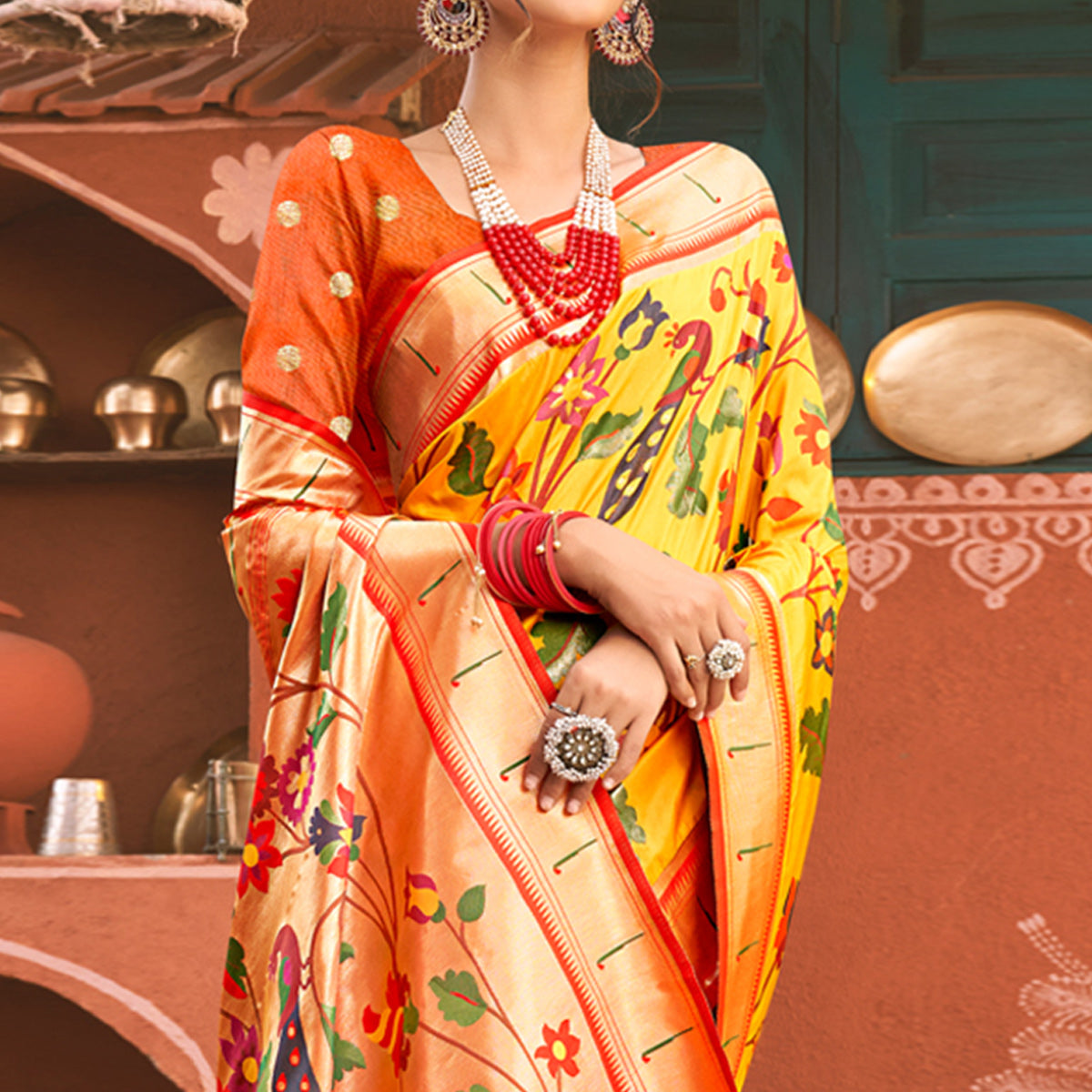 Yellow Floral Woven Banarasi Silk Saree With Tassels