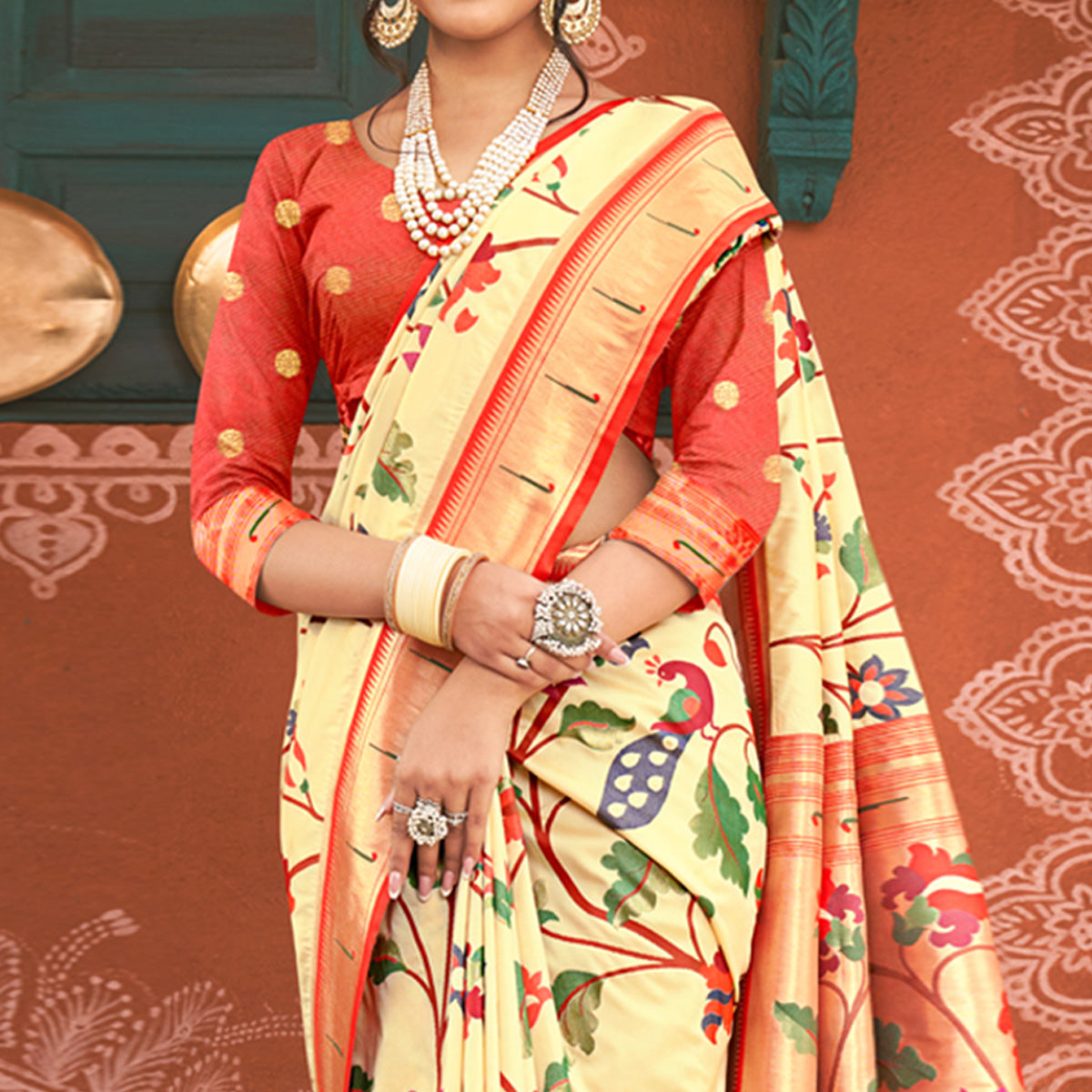 Cream Floral Woven Banarasi Silk Saree With Tassels