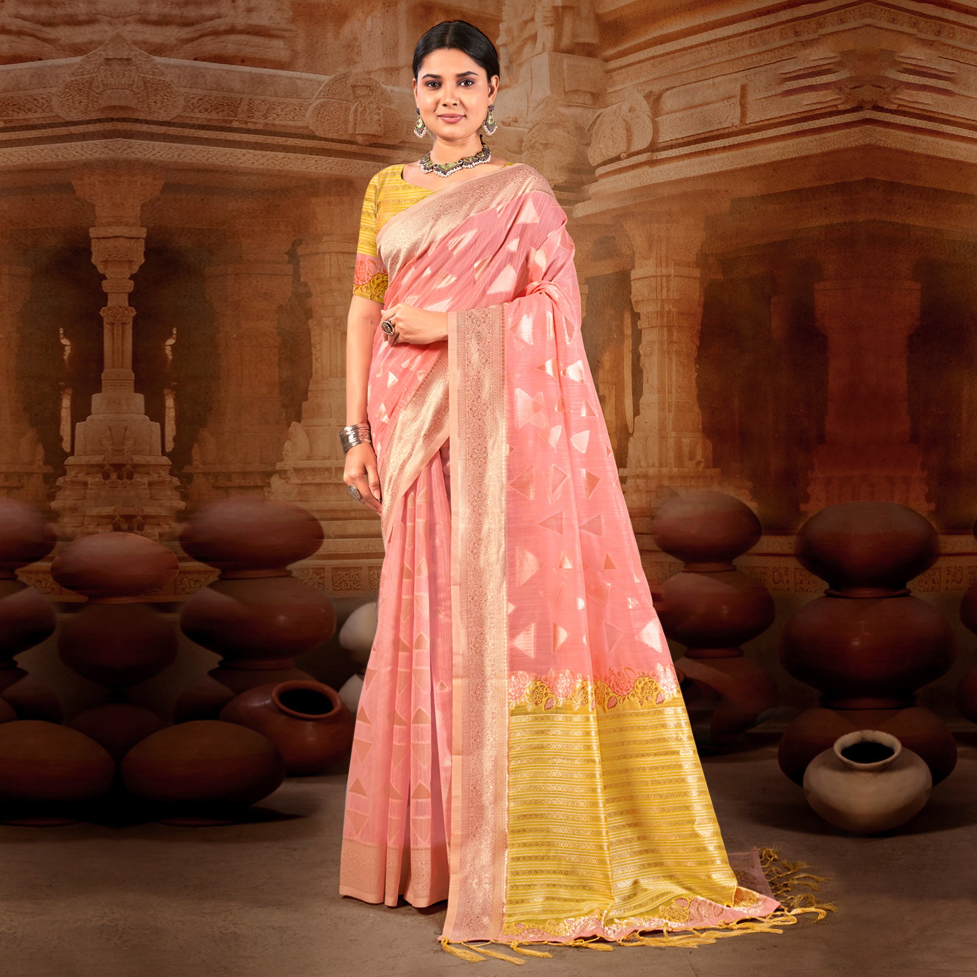 Peach Woven Linen Saree With Tassels