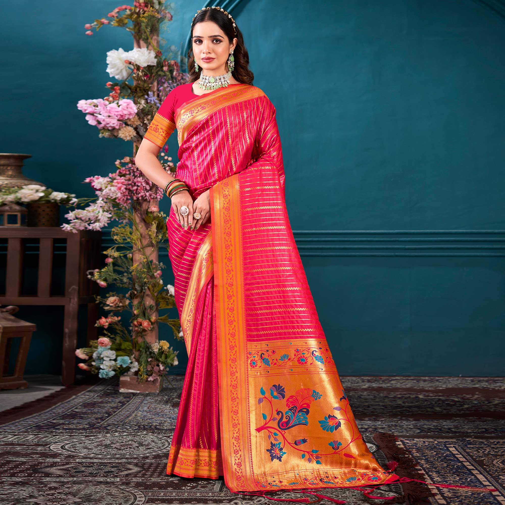 Pink Woven Paithani Raw Silk Saree With Tassels