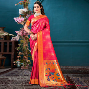 Pink Woven Paithani Raw Silk Saree With Tassels