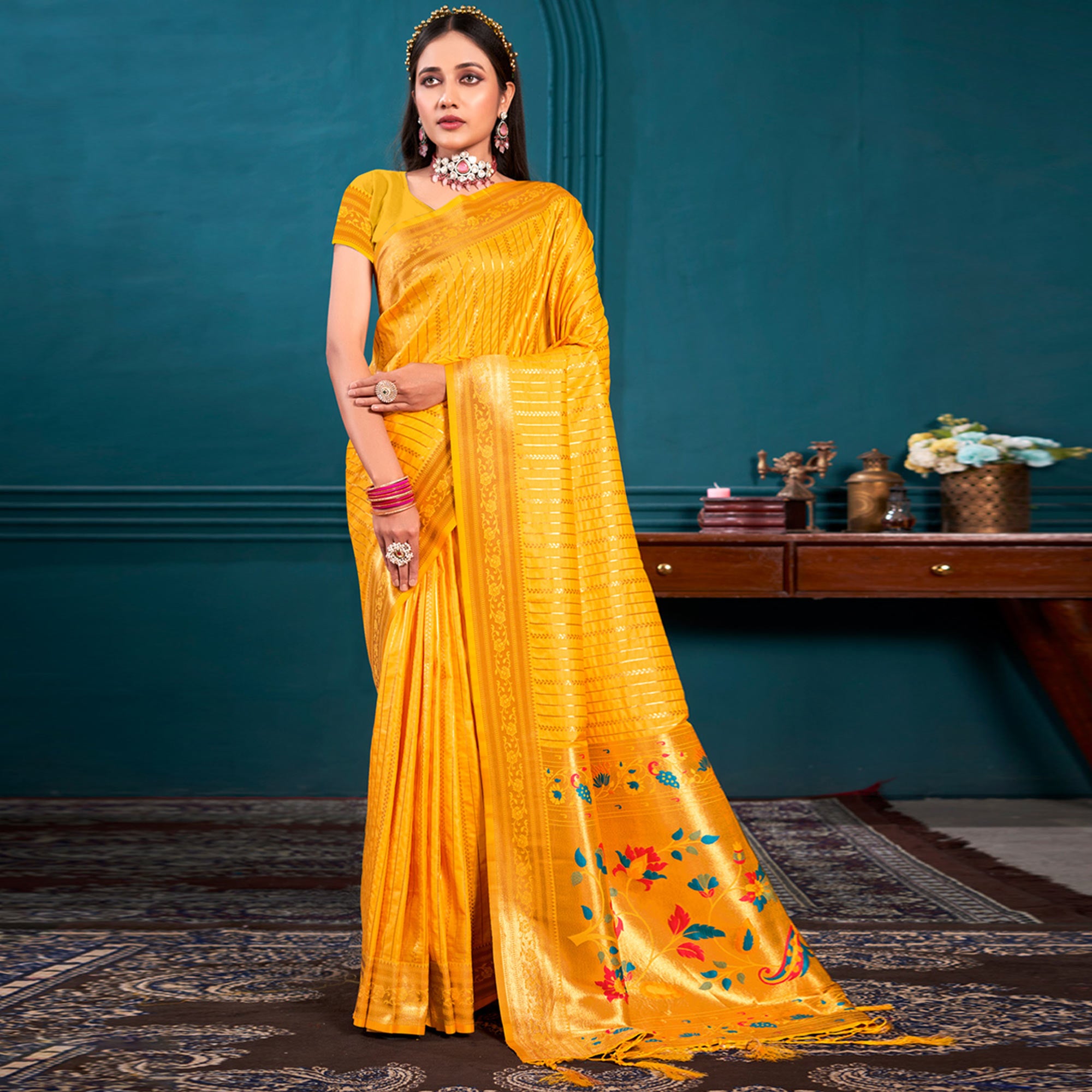 Mustard Woven Paithani Raw Silk Saree With Tassels