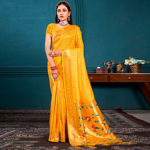 Mustard Woven Paithani Raw Silk Saree With Tassels