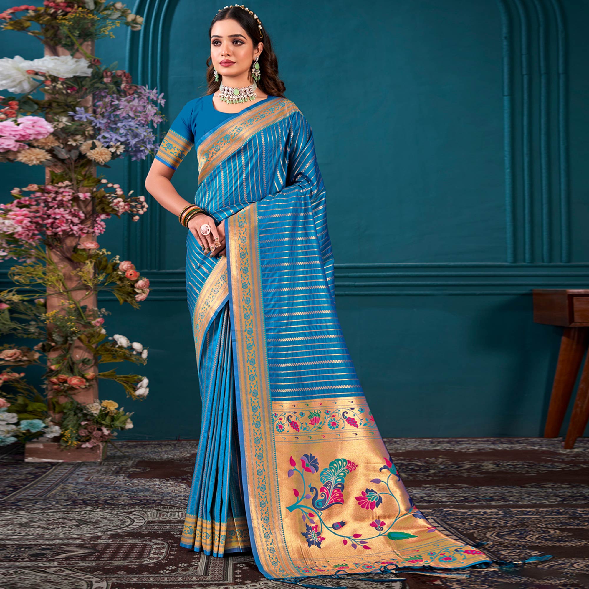 Blue Woven Paithani Raw Silk Saree With Tassels