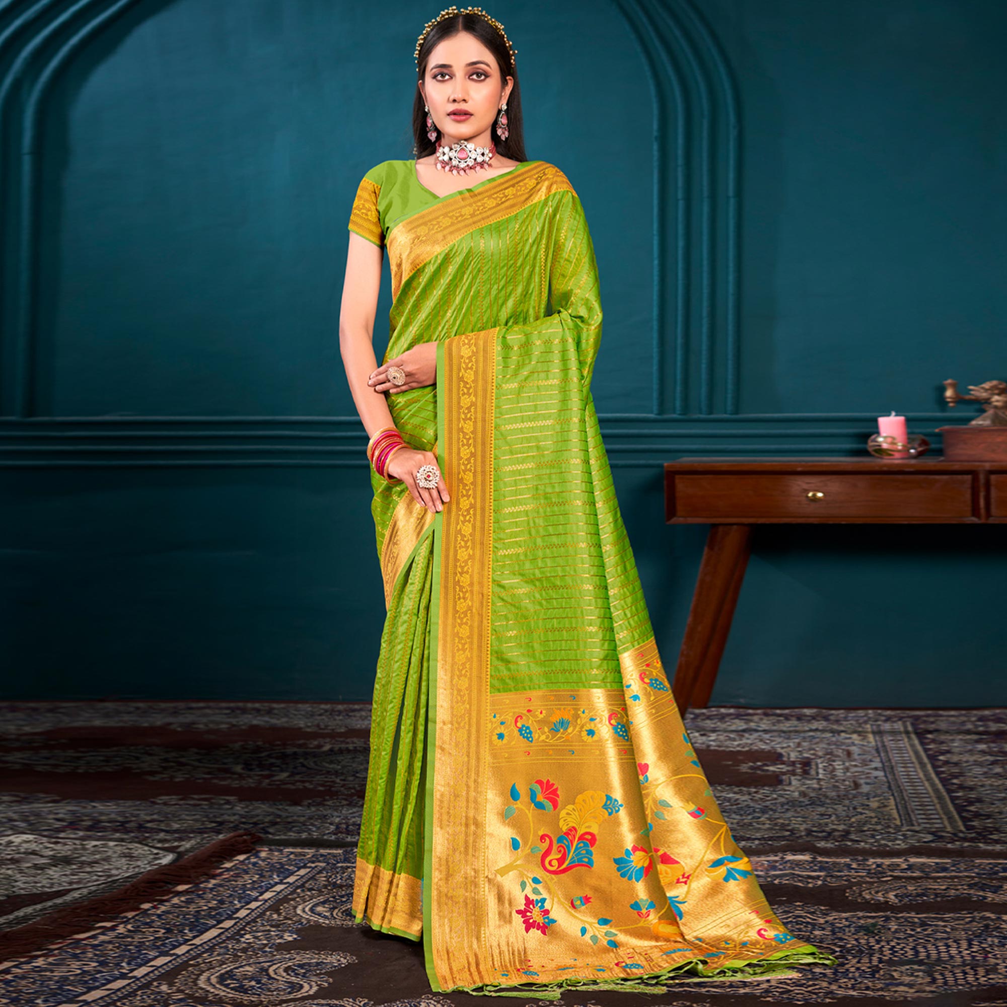 Parrot Green Woven Paithani Raw Silk Saree With Tassels