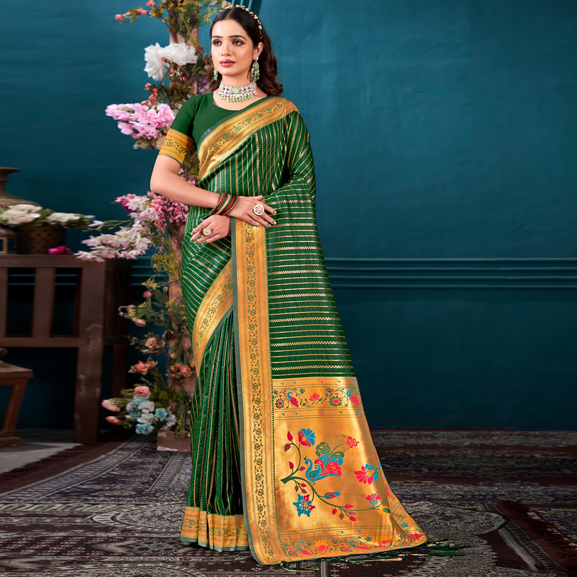 Dark Green Woven Paithani Raw Silk Saree With Tassels