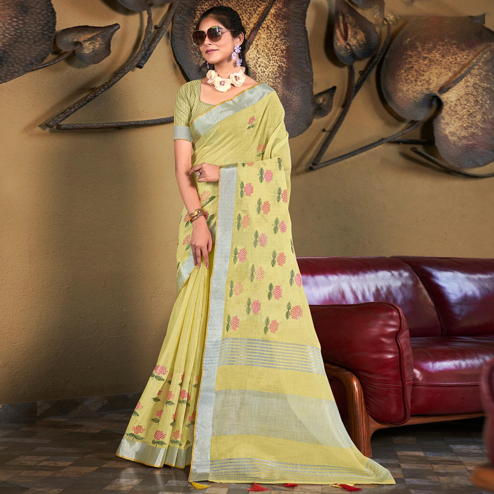 Yellow Floral Embroidered Linen Saree With Tassels