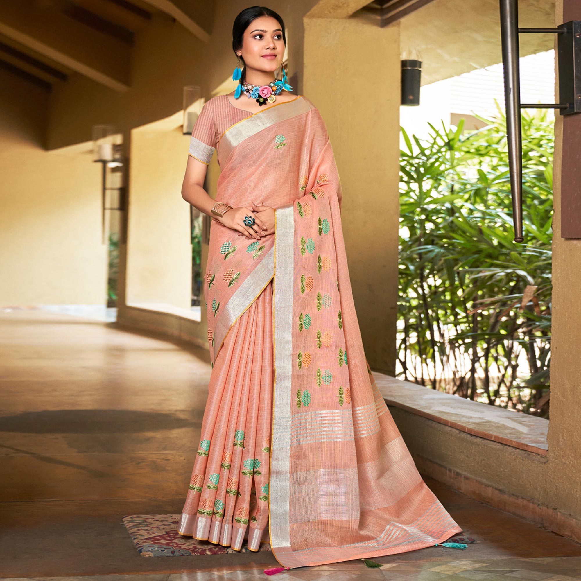 Peach Floral Embroidered Linen Saree With Tassels