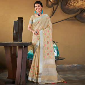 Beige Floral Embroidered Linen Saree With Tassels