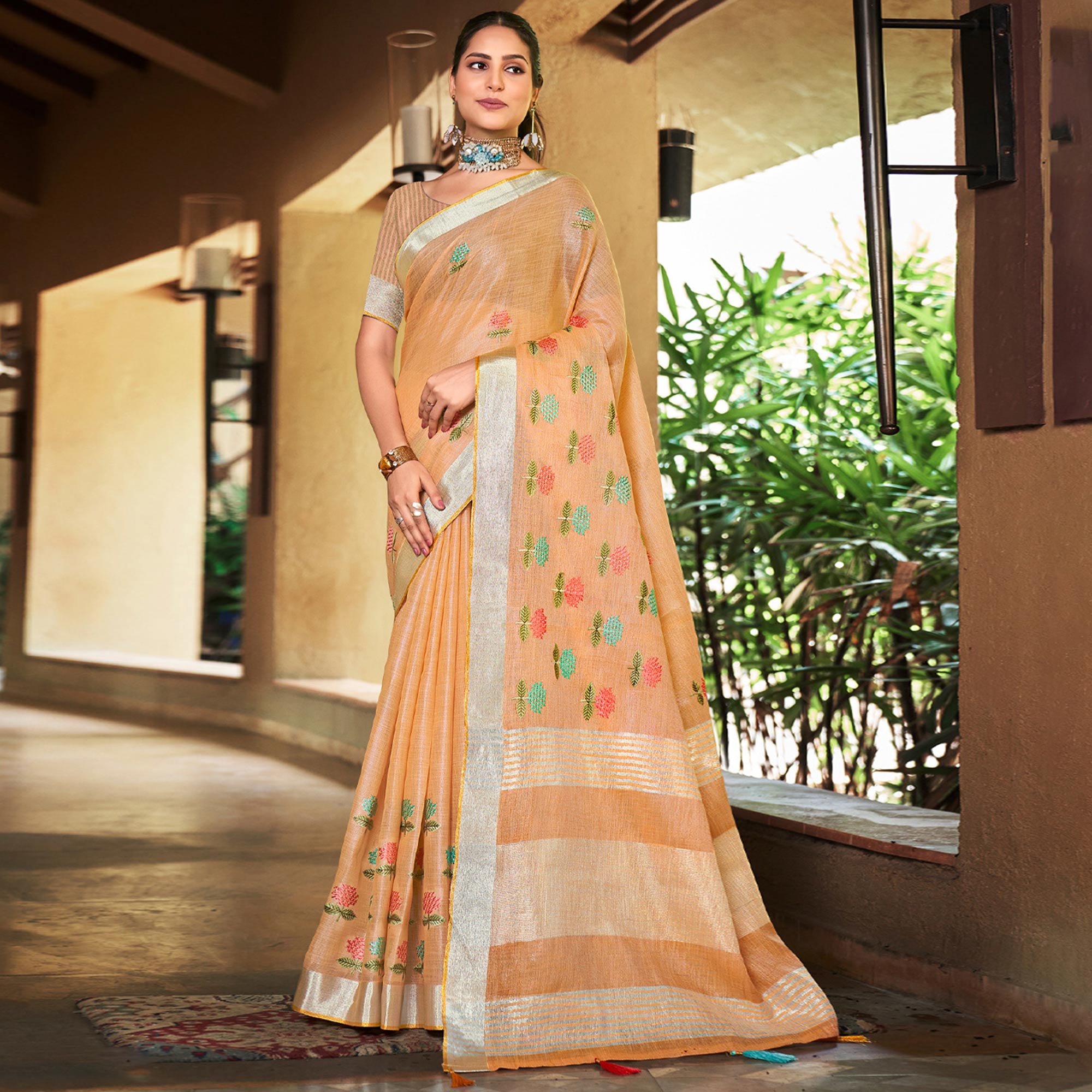 Orange Floral Embroidered Linen Saree With Tassels