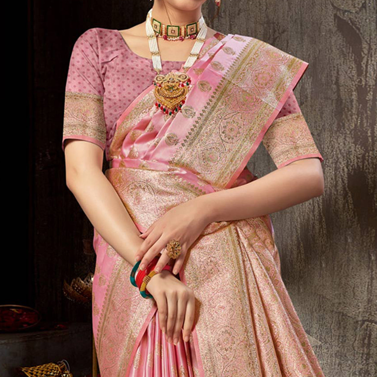 Pink Woven Banarasi Silk Saree With Tassels