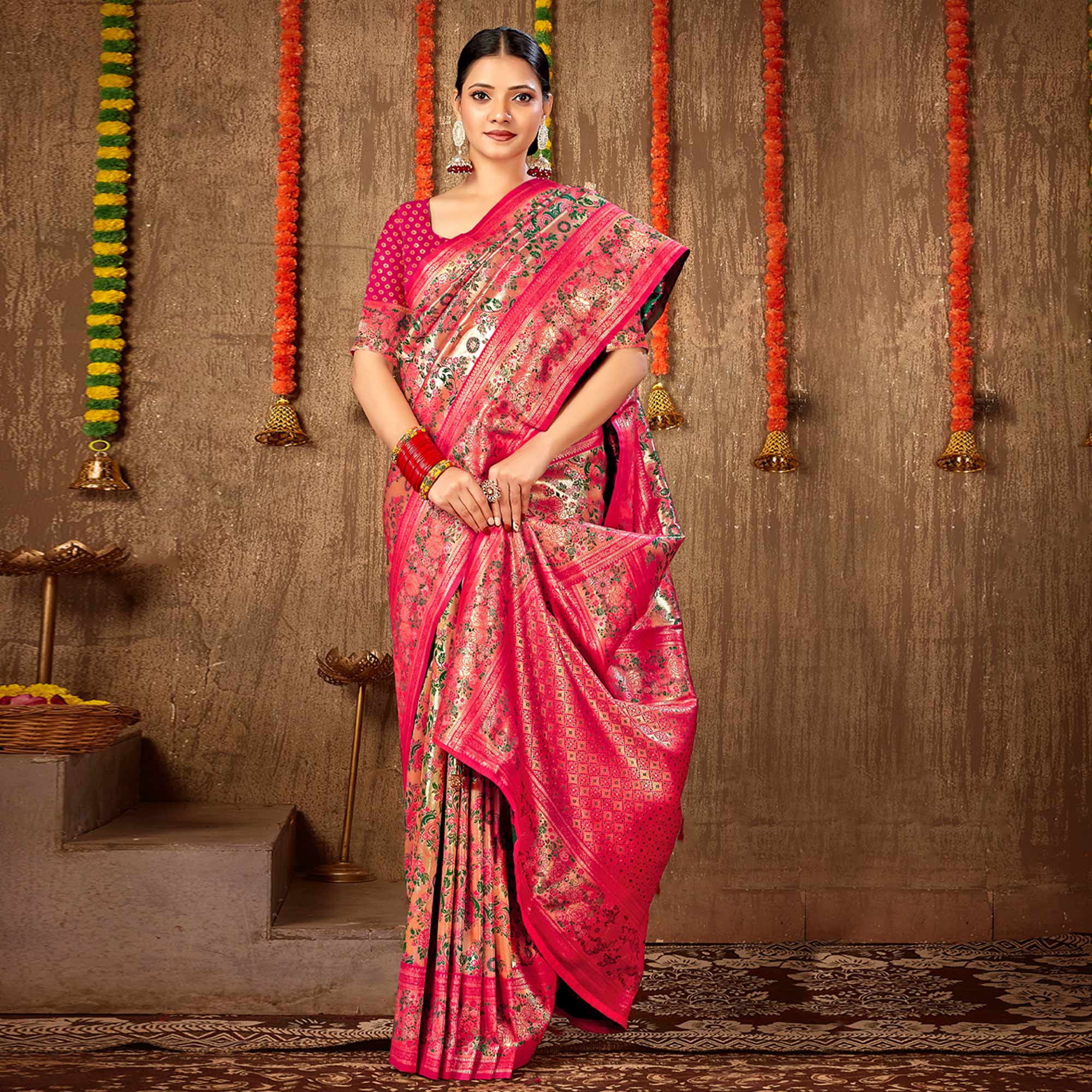 Pink Floral Woven Banarasi Silk Saree