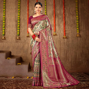 Purple Floral Woven Banarasi Silk Saree
