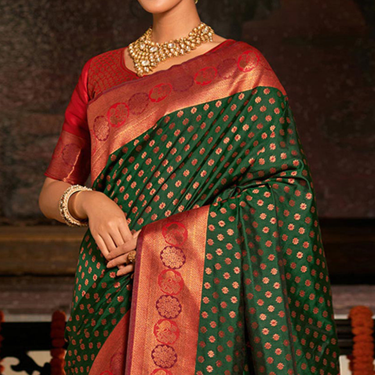 Green Woven Banarasi Silk Saree With Tassels