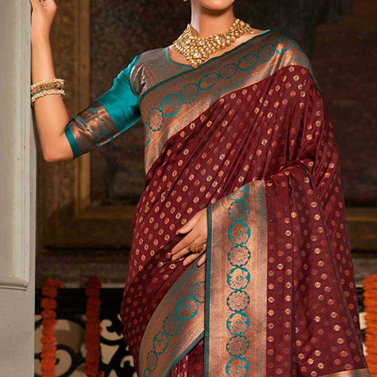 Brown Woven Banarasi Silk Saree With Tassels